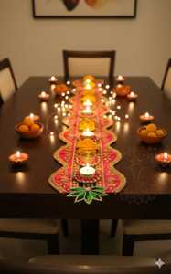 Elegant Handmade Diwali Table Runner with Tea Light Holders Festive Dining Table <b>Decor</b> Embroidered Rangoli Centerpiece - Product Image 3
