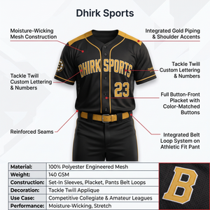Maillot de baseball personnalisé noir et or en polyester, anti-humidité, entièrement boutonné, uniforme pour hommes, tenue d'équipe OEM, option nom de joueur - Product Image 5