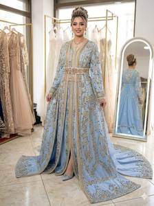 <b>Light</b> Blue Silk/banana crape Embroidered Floor-Length Traditional Wedding Dress for Women with Gold Detailing Loose Fit Style - Product Image 3