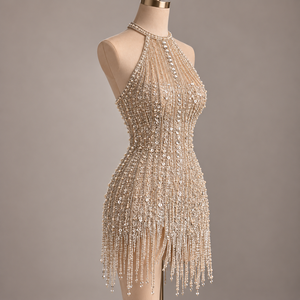 Halter Embroidered Beaded Fringe Vintage Luxury Organza Mini <b>Dress</b> Sheath Sheer Asymmetrical Hem <b>Extravagant</b> Prom Adult - Product Image 2