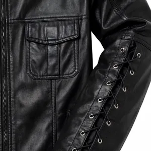 Veste unisexe noire en cuir véritable avec fermeture éclair et lacets, 2 poches, style motard vintage, veste d'extérieur tendance - Product Image 5
