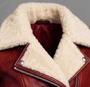 Veste en cuir véritable pour femme avec fourrure, col en fourrure, manteau d'hiver bordeaux - Product Image 2