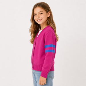 Cárdigan de punto rosa para niñas, cuello en V, manga larga, color sólido, cierre de botones, suéter de otoño - Product Image 4