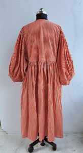 Boho Style Striped Handprint Midi <b>Dress</b> With Tie Neck Puff Sleeve <b>Loose</b> Fit Summer Casual <b>Dress</b> For Women - Product Image 4