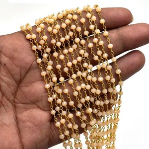 Chaîne de chapelet en pierre de lune pêche hydro-perlée, plaquée or, avec perles rondelles facettées enroulées de fil, en rouleau en vrac pour la fabrication de bijoux - Product Image 5