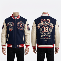430 GSM schwere Wollmischung, marineblauer Körper, graue PU-Lederärmel, Varsity-Jacke mit individuellem Chenille-Sticklogo, Varsity-Jacke für Herren