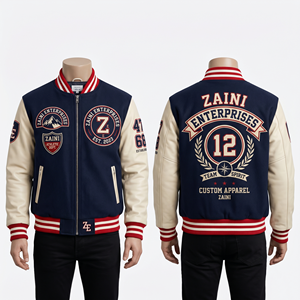 Chaqueta Varsity para hombre de mezcla de lana gruesa de 430 GSM, color azul marino, con mangas de cuero PU gris, logotipo bordado en chenilla personalizado. - Product Image 6