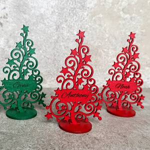 Wooden <b>Christmas</b> Tree <b>Place</b> <b>Card</b> <b>Holder</b> Engraved With Name Star Pattern Laser Cut Tabletop Decor For Holiday Season - Product Image 4