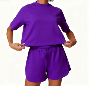Ensemble de shorts de yoga décontractés pour femmes de haute qualité, en modal tricoté imprimé, doux et respirant, avec t-shirt à manches courtes et cordon de serrage, coupe ample - Product Image 4