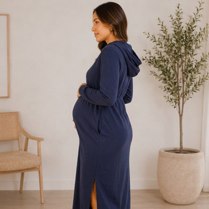 Robe de maternité à capuche, manches longues, couleur unie, longueur mi-mollet, en coton respirant et élasthanne, chemise de nuit ample pour femme, automne - Product Image 2