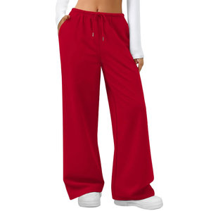 <b>Women's</b> <b>Red</b> Wide Leg Drawstring Pants With Pockets Casual Loose Fit Full Length Terry Cotton Sweatpants Autumn Style - Product Image 1
