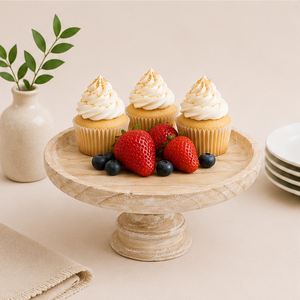 Elegant Whitewashed Wood Pedestal Server Eco-Friendly Hand-Carved Cake Holder & Pastry Stand For Professional <b>Buffets</b> Kitchens - Product Image 4