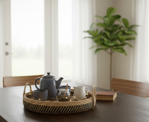 Plateau rond en jonc de mer tressé à la main style bohème avec poignées, plateau décoratif en osier noir naturel pour table, décoration intérieure du Vietnam - Product Image 3