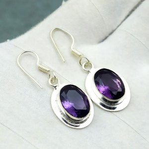 Elegant Amethyst Drop <b>Earrings</b> <b>Silver</b> Plated Oval Purple Gemstone Dangle <b>Earrings</b> Boho Handmade Jewelry for Women - Product Image 2