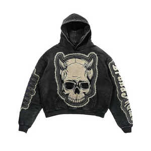 Custom Acid Wash Vintage <b>Skull</b> Hoodie Oversized Heavyweight Cotton Men Streetwear Patchwork Embroidery Gothic Pullover <b>Top</b> - Product Image 2