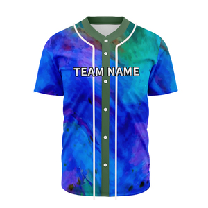 Maillot de baseball personnalisé par sublimation, tie-dye bleu-vert, unisexe, manches courtes, respirant, en polyester, nom de l'équipe adulte sur le devant - Product Image 1