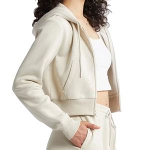 Women's Cream <b>Cropped</b> Hoodie <b>Zip</b>-<b>Up</b> Sweatshirt Full Sleeve Solid Color Knitted Cotton Autumn Wear Casual Style - Product Image 5