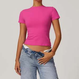 Camiseta Deportiva de Yoga Personalizada al por Mayor de Alta Calidad, Top Corto de Algodón y Elastano, Camiseta con Estampado y Bordado, Ropa para Mujer - Product Image 6