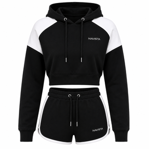 Women's 100% Cotton Fleece 360 GSM Streetwear 2-Piece Sports Wear Set Full Sleeve Hooded <b>Top</b> Knee Shorts-Eco-Friendly Breathable - Product Image 2