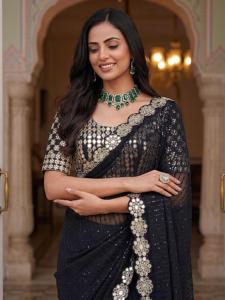 Party Wear Summer Faux Georgette Saree Sequins Codding Embroidery Real <b>Mirror</b> Wedding Traditional Ethnic <b>Slim</b> Fit - Product Image 5