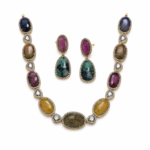 Ensemble collier et boucles d'oreilles en argent 925 plaqué or avec pierres multicolores pour femmes, cadeau de mariage, bijoux faits à la main - Product Image 2