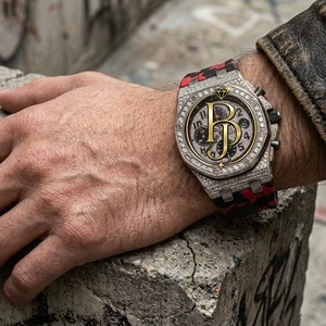 Briva Luxury Chronograph Men Watch <b>Red</b> Black Camouflage Stainless Steel Strap Iced Bezel Sport Quartz Arabic Numeral Glass 25mm - Product Image 2