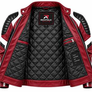Blouson de moto en cuir pour homme, rouge, noir, blanc, color block, col montant, fermeture éclair, style motard - Product Image 4