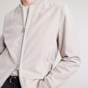<b>Men's</b> Light Pink <b>Suede</b> Bomber <b>Jacket</b> Crew Neck Zipper Closure Casual Winter Wear Regular Fit Quick Dry Front Genuine Leather - Product Image 5
