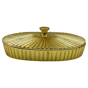 Elegant Oval Fluted Metal Trinket Storage <b>Box</b> with Sunburst Textured Lid Decorative Gold Finish <b>Keepsake</b> Organizer for Home Deco - Product Image 1