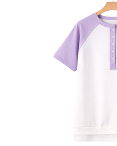 Women White Lavender Raglan Sleeve Henley T Shirt Cotton Blend Casual Short Sleeve Summer <b>Top</b> Trendy Minimalist Soft Tee Wear - Product Image 3