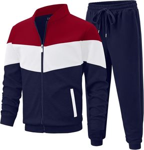 Men's Color Block Tracksuit Full Zip Sporty <b>Jogger</b> Set Red <b>White</b> Navy Polyester Cotton Autumn Wear - Product Image 1