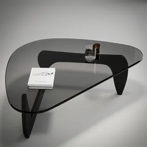 Table basse moderne en verre fumé irrégulier avec pieds sculpturaux noirs, mobilier de salon design écologique - Product Image 1