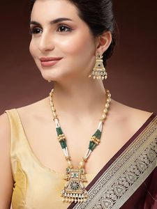 Conjunto de Collar Largo y Pendientes de Aleación de Cobre Chapado en Oro Indio con Diseño de Flor de Circonio, Joyería Tradicional para Bodas de Mujer - Product Image 3
