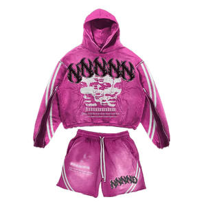 Custom Logo Streetwear Rhinestone Acid Wash Hoodie Heavy Cotton Screen Printing Sweatsuit Vintage Hoodies And Shorts Set For Men - Product Image 1