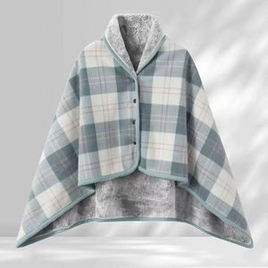 Couverture Sherpa à carreaux portable, cape en flanelle avec boutons, motif gris et blanc, vêtement d'extérieur pour un confort douillet - Product Image 6