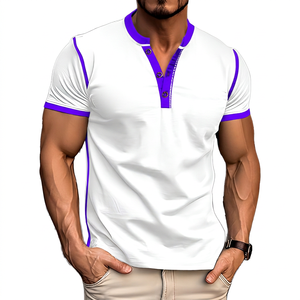 T-shirt blanc à manches courtes et col en V pour homme, coupe ajustée, tricoté, couleur unie, décontracté - Product Image 5