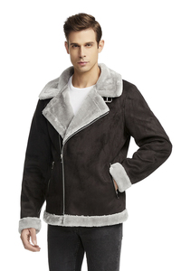 <b>Men's</b> Black Genuine <b>Leather</b> Eco-Friendly Breathable Biker <b>Jacket</b> Faux Fur Lining Zipper Closure Winter Moto Coat Thick Windproof - Product Image 2