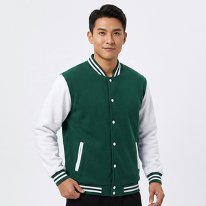 Men's Green White Varsity Jacket Canvas Regular Sleeve Mandarin Collar <b>Covered</b> <b>Button</b> Closure Casual Winter Wear 2027 Quick Dry - Product Image 1