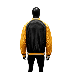 Chaqueta universitaria satinada negra y amarilla dorada para hombre, chaqueta bomber de béisbol brillante de primera calidad con mangas raglán a contraste con rayas. - Product Image 2