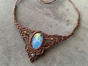 Vintage Copper Alloy Macrame <b>Choker</b> Necklace With Natural Oval Stone Bezel Setting Handmade Pendant Design Unisex Jewelry - Product Image 3