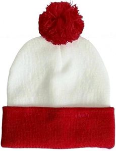 Gorro de Punto con Pompones Rojos y Blancos, 100% Acrílico, Unisex, Gorro de Invierno, Estilo Casual con Bloques de Color, Talla Adulto 56-58CM - Product Image 1