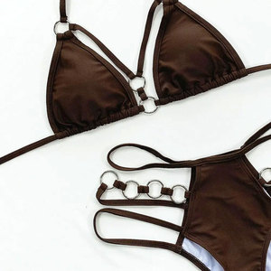 Women's Brown <b>Crossed</b> Halter Bikini Set Hollow Mesh Side Detail Cheeky Bottom Spandex Polyester Breathable Drawstring Two Piece - Product Image 4
