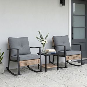 Ensemble de patio en rotin PE 3 pièces avec 2 fauteuils à bascule et table basse, tressé à la main, confortable - Product Image 3