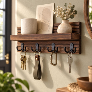 Wooden Wall Mounted <b>Coat</b> <b>Rack</b> with <b>Shelf</b> and Hooks Rustic Entryway Organizer Key Holder Storage <b>Rack</b> Home Decor - Product Image 1
