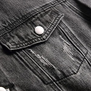 Men's Black <b>Denim</b> Jacket Stand Collar Casual Autumn Wear Single Breasted Button Closure Slim Fit Washed Cotton <b>Material</b> - Product Image 6