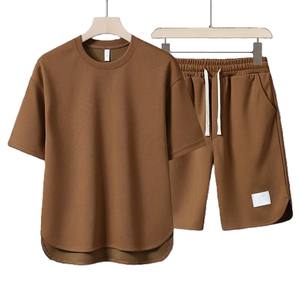 Ensemble deux pièces décontracté d'été pour homme, style japonais, couleur unie, grandes tailles, 5 couleurs, t-shirt et short, fabrication OEM directe usine - Product Image 1