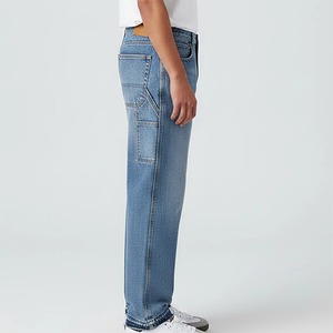 <b>Men's</b> Mid Waist Canvas Stonewashed Cotton Waterproof <b>Jeans</b> Straight Fit Button Fly Casual Style with Logo Right Leg Autumn Wear - Product Image 3