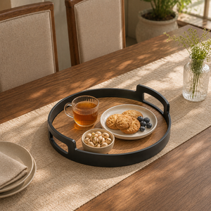 Round Bamboo Serving Tray with Handles| Premium Decorative Wooden Tray for Tea Coffee Snacks Home Hotel Restaurant <b>Table</b> Serving - Product Image 4