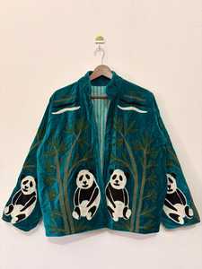 Veste en velours de jardinage fantaisiste motif panda, broderie complexe Suzani, manteau vert sarcelle, vêtement d'extérieur bohème botanique audacieux - Product Image 1