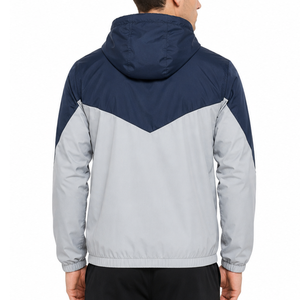 Veste coupe-vent classique pour homme à capuche, style décontracté, avec empiècements en V bicolores bleu marine et gris clair, idéale pour la gym et la course à pied - Product Image 4